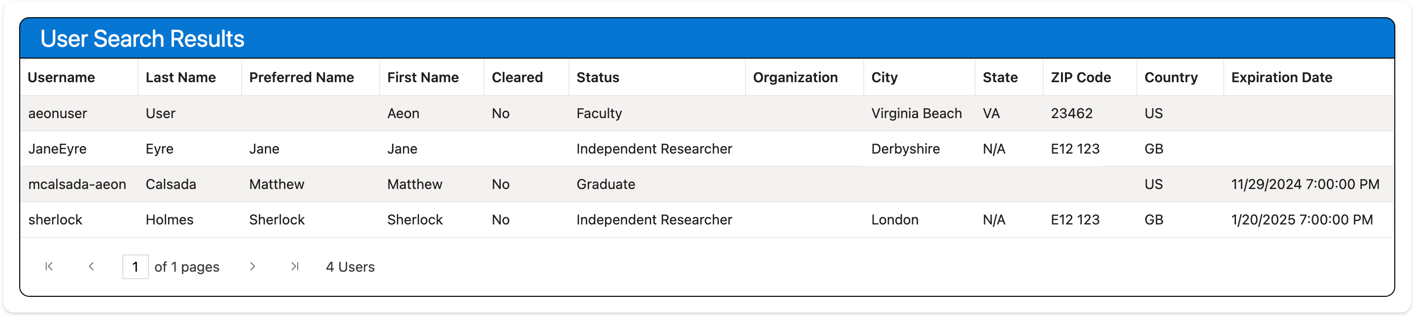 User search results